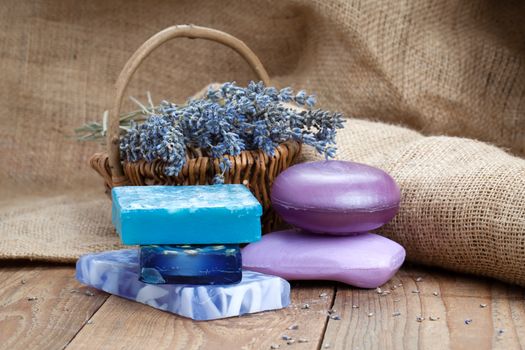 lavender handmade soap bars, on wooden background