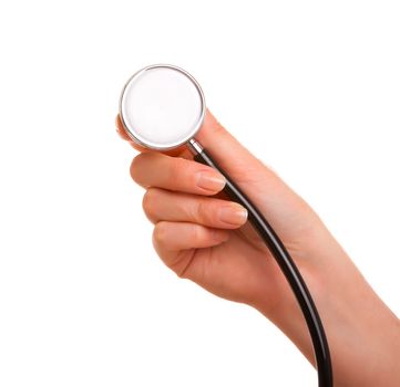 Female hand with stethoscope, with room for text. isolated on a 
