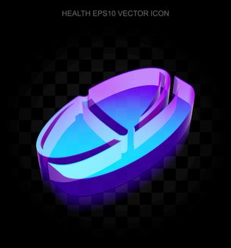 Healthcare icon: 3d neon glowing Pill made of glass with transparent shadow on black background, EPS 10 vector illustration.