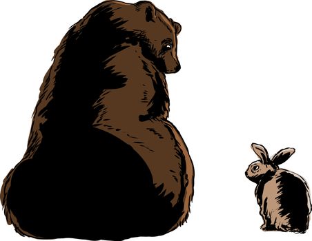 Size comparison doodle of large bear looking at little rabbit over white background