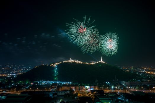 Fireworks show over Khao wang Historical Park, Petchaburi, thail