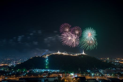 Fireworks show over Khao wang Historical Park, Petchaburi, thail