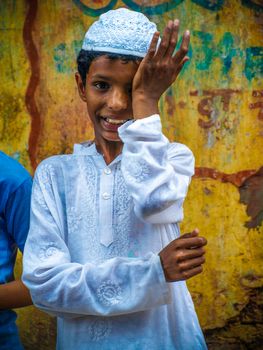 portrait of smiling Muslim boy.Image taken at Amroha, Uttar Pradesh,India