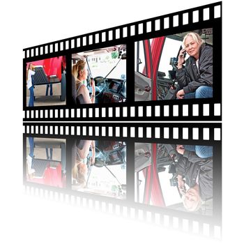 Film strip images of a woman truck driver in various stages of her job.