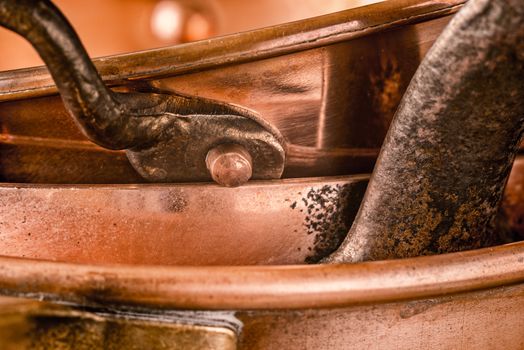 Copper pots and pans background
