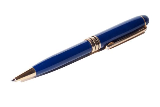 Blue ballpoint pen laying diaganaly across a white background. Isolated with a clipping path