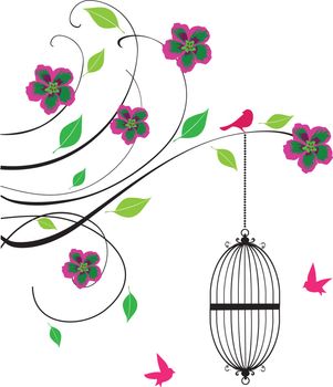 vector illustration of a vintage background with bird cages and flowers
