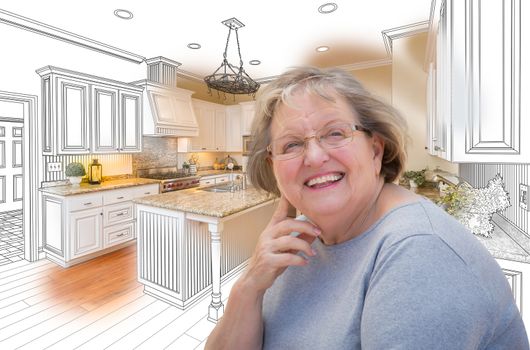Happy Senior Woman Over Custom Kitchen Design Drawing and Photo.