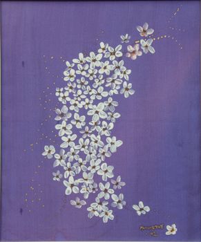 Blue colored silk painted with a flower motive. Windflower, wood anemone, thimbleweed or smellfox is the many names of this flower. Painting on silk.