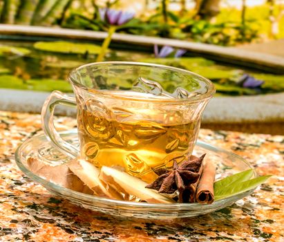 Tea On Patio Represents Fresh Ginger And Spices 