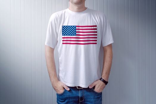 American patriot wearing white shirt with USA flag print