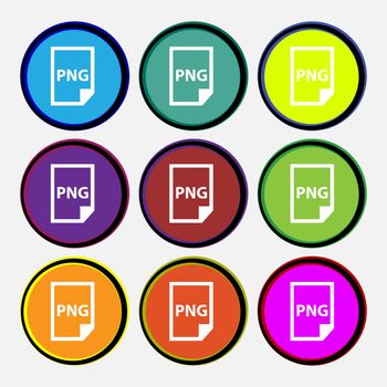 PNG Icon sign. Nine multi colored round buttons. Vector