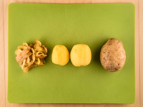 Potatoes, skins in center of green plastic board