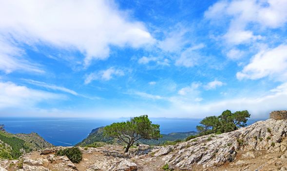 Mountain panorama with ocean view and blue sky