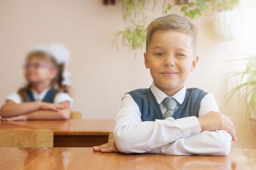 Happy schoolboy sitting at desk