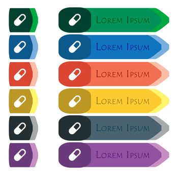 pill icon sign. Set of colorful, bright long buttons with additional small modules. Flat design