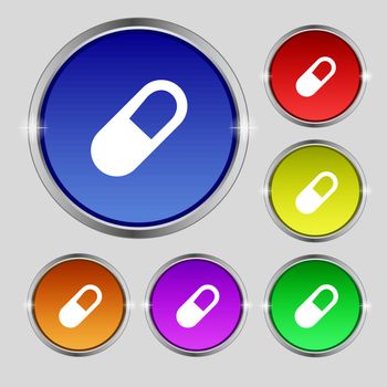 pill icon sign. Round symbol on bright colourful buttons. Vector