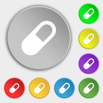 pill icon sign. Symbol on eight flat buttons. Vector