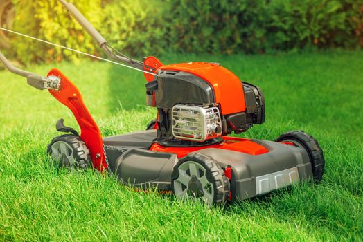 Modern petrol powered rotary push grass lawn mower in house backyard