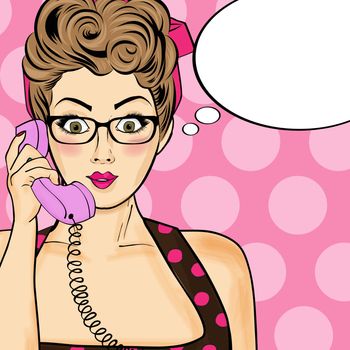 Pop art  woman chatting on retro phone . Comic woman with speech
