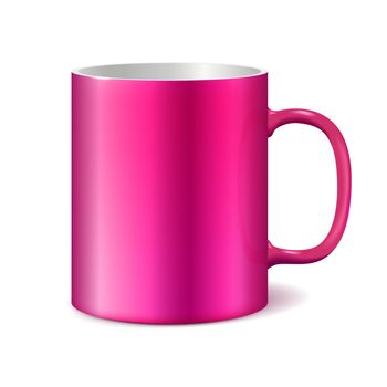 Pink cup isolated on white background. Blank cup for branding. Photorealistic vector template