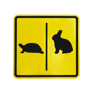 Yellow traffic label  turtle and rabbit pictogram isolated