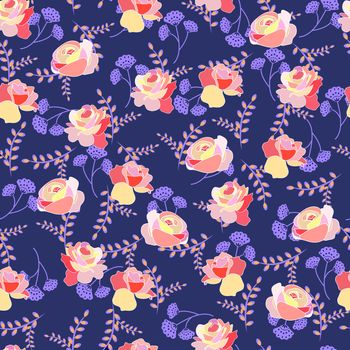 Floral pattern with roses and summer flowers on a blue backgroun