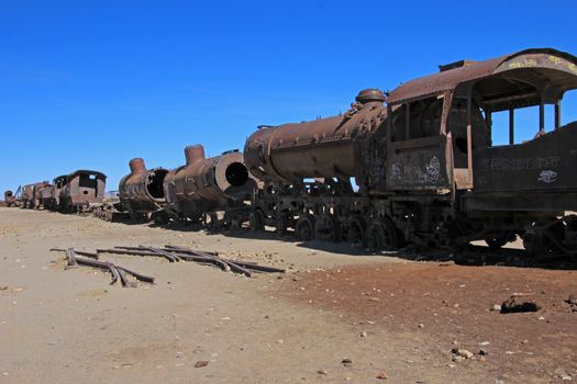 Graveyard of rusty old trains in Uyuni, Bolivia