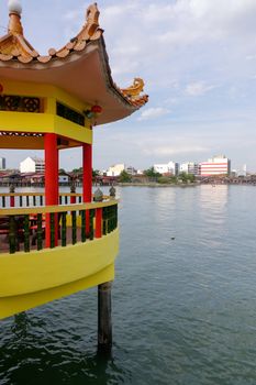 GEORGETOWN, MALAYSIA - MAY 29: a closeup view of Hean Boo Thean Kuanyin Chinese Buddhist temple in Clan Jetties. Built on stilts over the harbor George Town