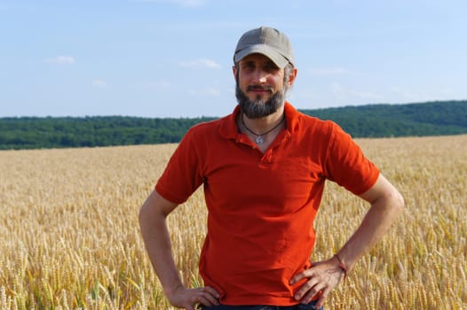 bearded man standing in a wheat field on sunny day