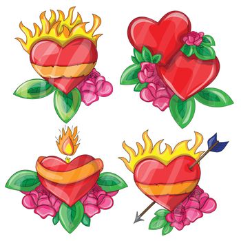 Cartoon hearts with fire for design 