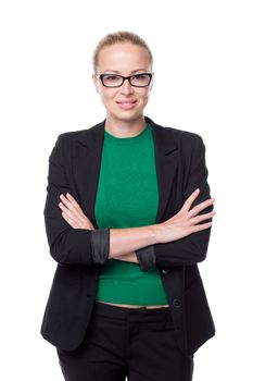 Business woman standing with arms crossed against white background..