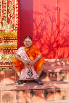 LUMPHUN THAILAND - JAN 8 : thai little monk sitting in front of 