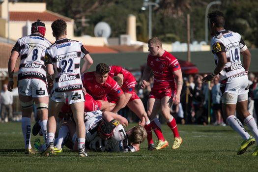 VILAMOURA, PORTUGAL-APRIL 2, 2015: Rugby players in action in th