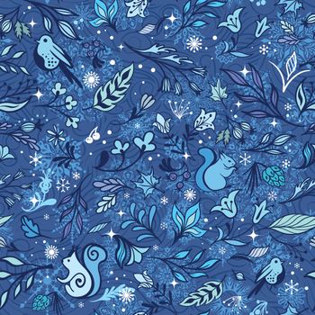 Seamless sketch new year blue winter background with leaves and animals