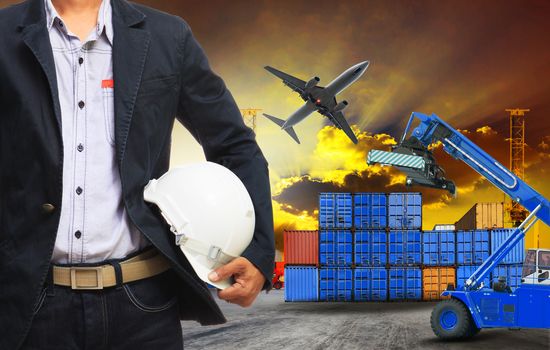 working man and container dock in land ,air cargo logistic freig