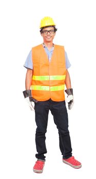 portrait of asian worker man wearing safety jacket hard hat and 