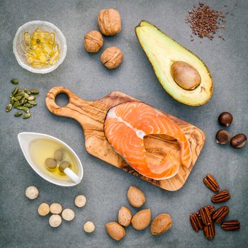 Selection food sources of omega 3 and unsaturated fats. Super fo