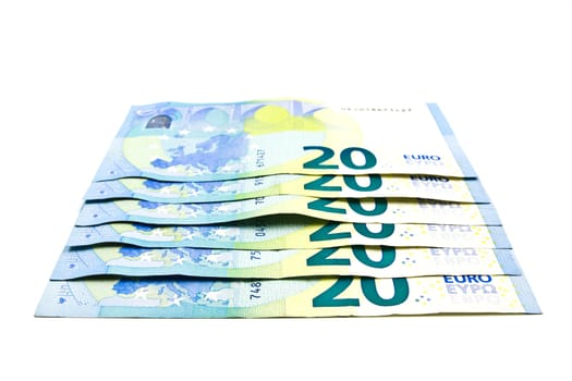 Twenty euro banknote on a white background.