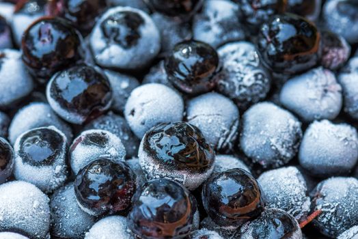 Frozen aronia chokeberry berries in a bowl