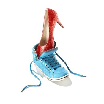 Classic stiletto high heels shoe put in a sport shoe