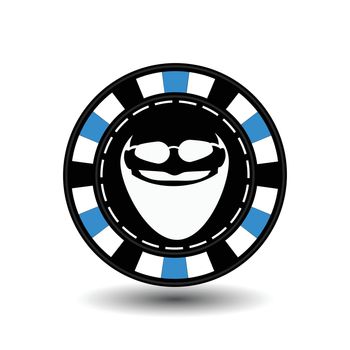 Poker chip Christmas. Blue. With Santa Claus white glasses in between. Illustration vector. Use for the site, printing, paper, cloth, decoration, design, etc. EPS 10