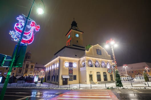 Brasov Council House night view decorated for Christmas