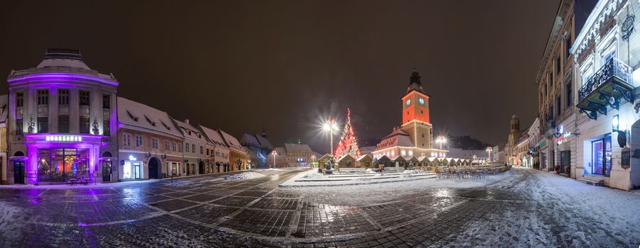 : Brasov Council House night view with Christmas Tree decorated