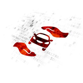 Insurance concept: Pixelated red Car And Palm icon on Digital background