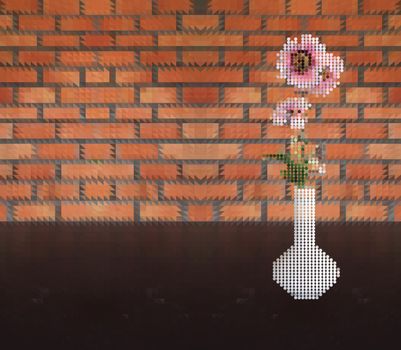 Vector illustration of pink flower in vase dot style on table and brick wall triangle pattern background