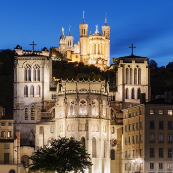 Cathedral of St. Jean and The Basilica Notre Dame de fourviere in Lyon, France at night