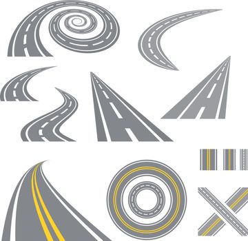 Asphalt curved roads. Highway vector illustration set