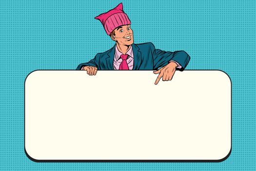 Retro businessman in a pussy hat indicates information Billboard