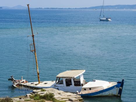 Sunk ruined boat at Lefkada island